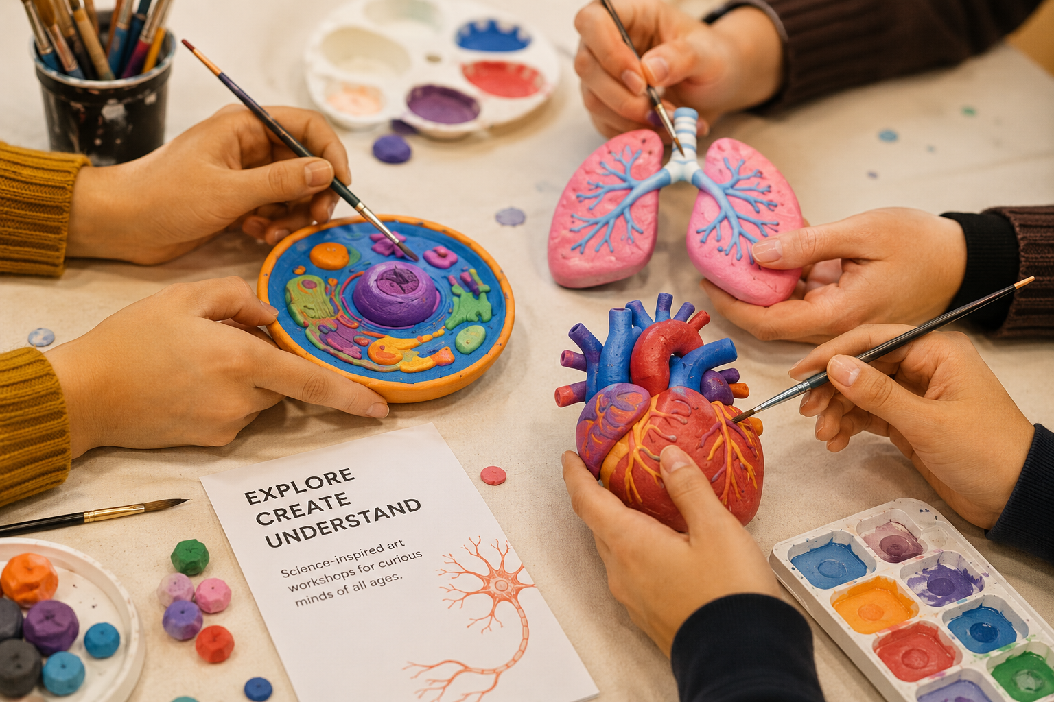 Workshop participants holding colourful handmade creations
